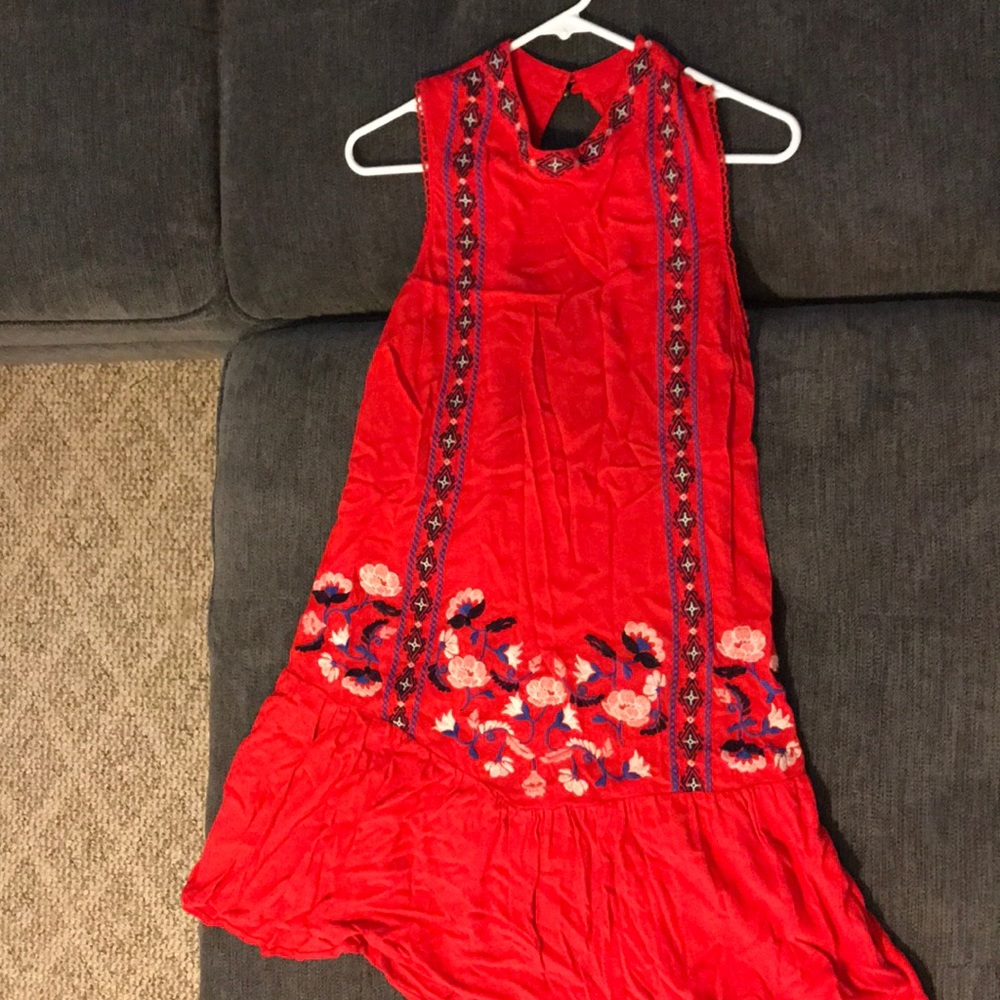 Red Rayon Dress with colorful embroidery